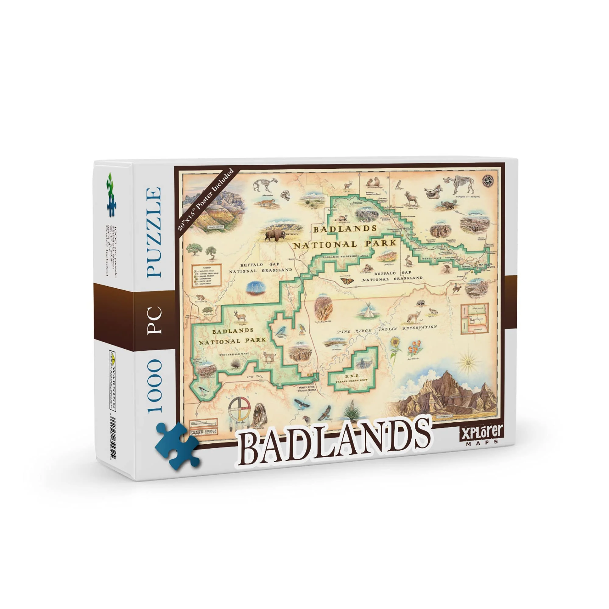 Badlands National Park Map Cardboard Jigsaw Puzzle - 1000 Pieces, Hand-Illustrated - Educational, Family Activity, Ages 7+, Includes Poster - 25.4 x 19.8