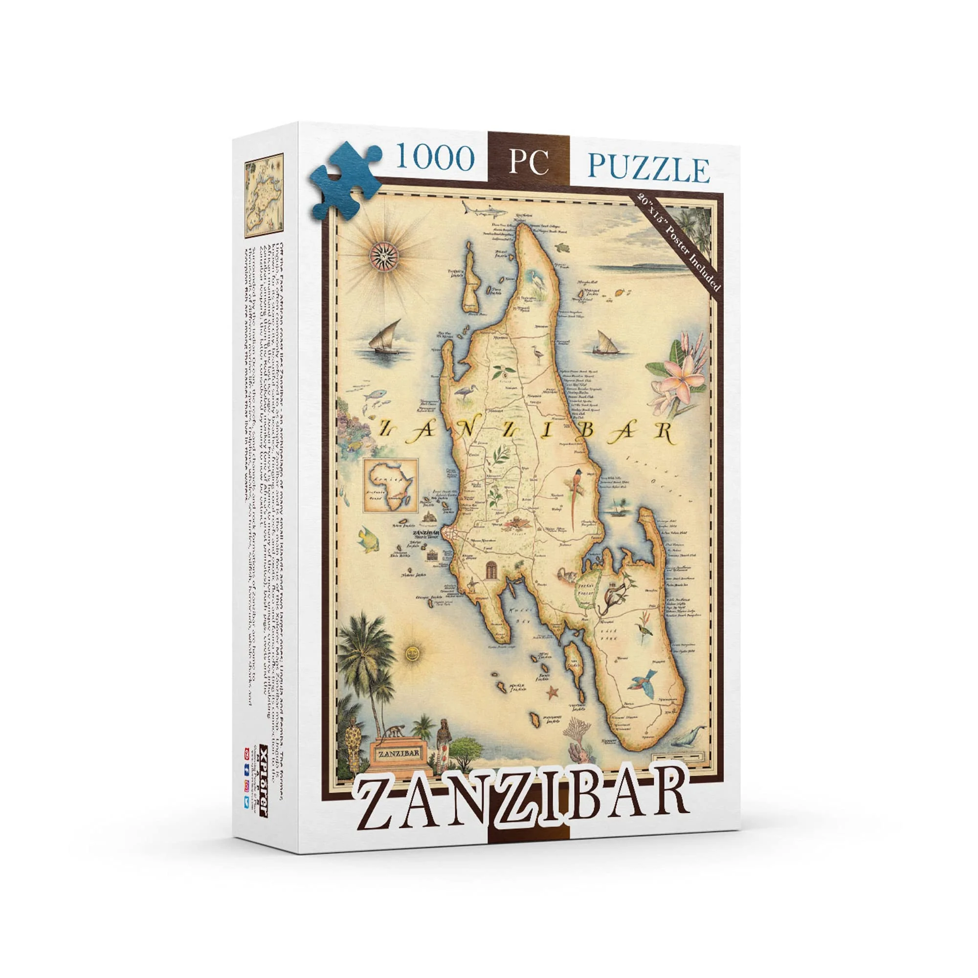 Zanzibar Map Cardboard Jigsaw Puzzle - 1000 Pieces, Hand-Illustrated - Educational, Family Activity, Ages 7+, Includes Poster - 25.4 x 19.8
