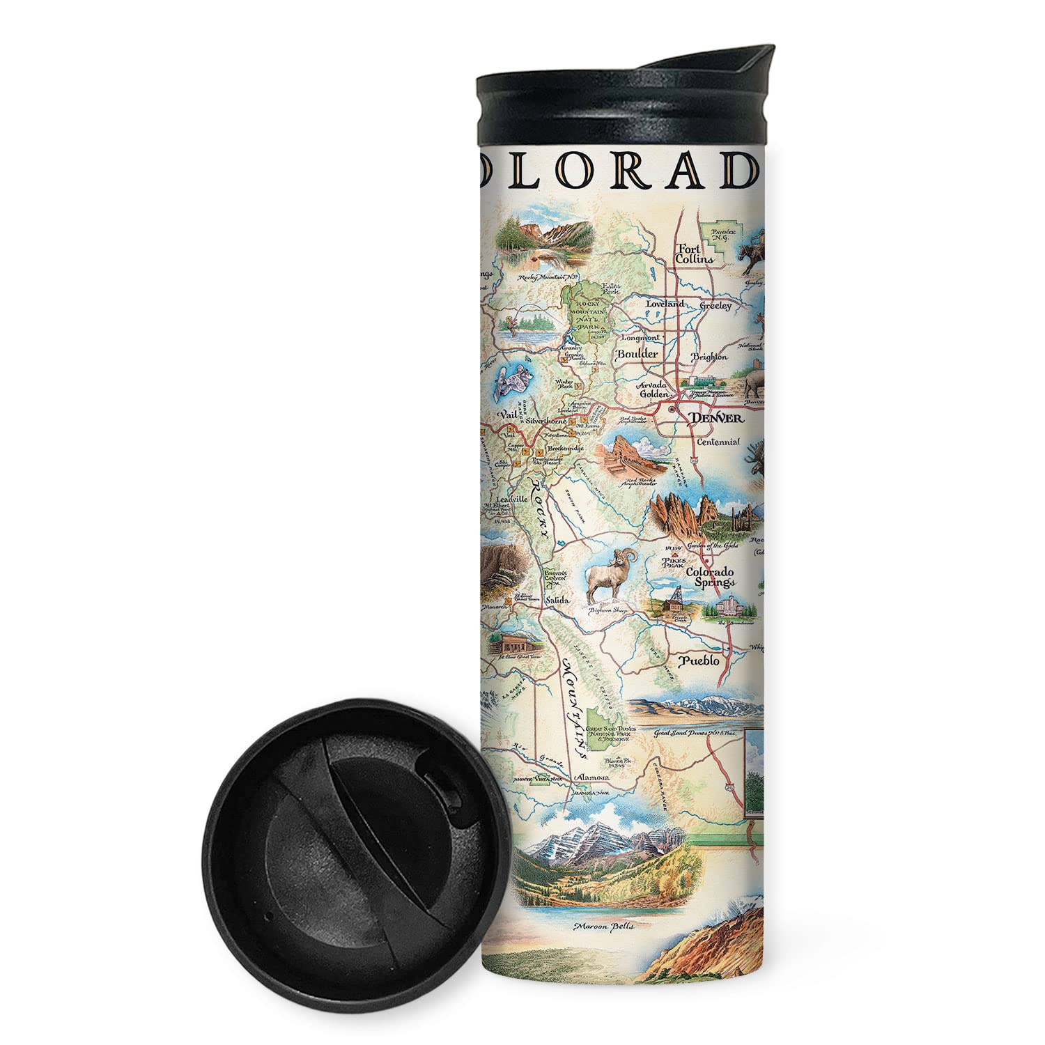 Colorado State Map 16 Oz Travel Drinkware with Spill-Resistant Lid - Stainless Steel Vacuum Insulated Coffee Tumbler
