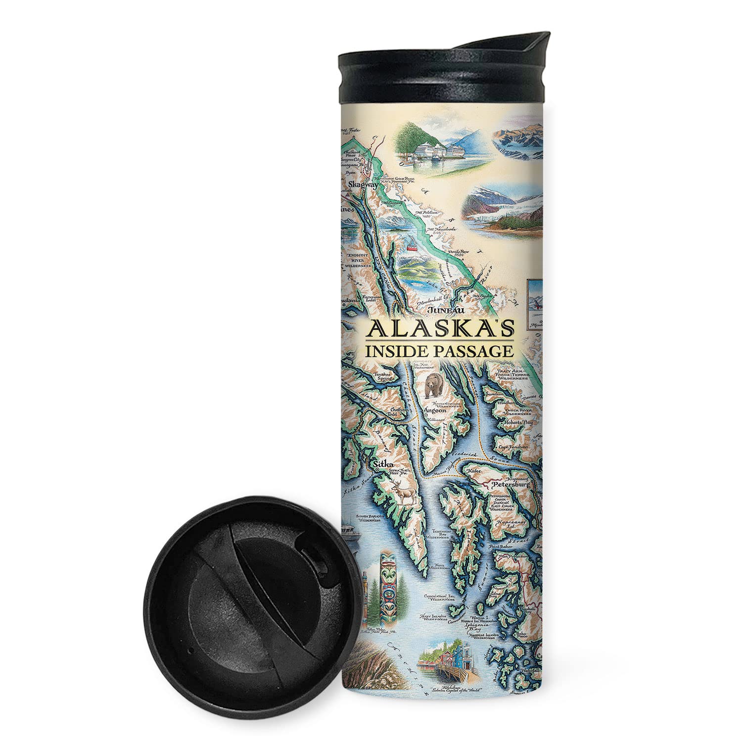 Xplorer Maps Alaska's Inside Passage Map 16 Oz Travel Drinkware with Spill-Resistant Lid - Vacuum Insulated Double-Walled Stainless Steel Coffee Tumbler