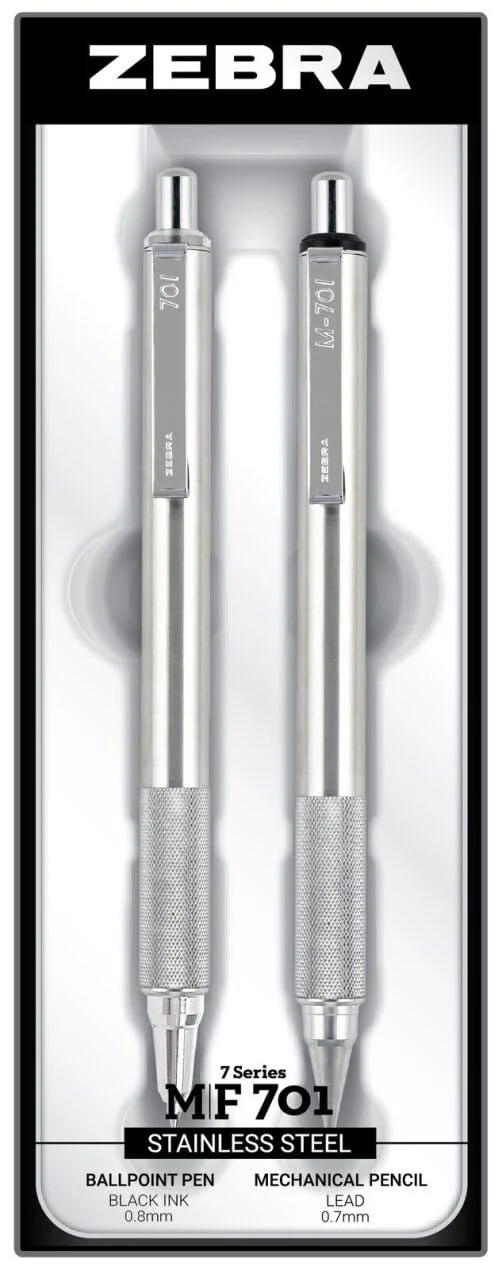 Zebra Pen M/F 701 Stainless Steel Mechanical Pencil and Ballpoint Pen Set, Fine Point, 0.7mm HB Lead and 0.8mm Black Ink, 2-Count Gift Set, Silver (10519)